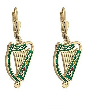 Tara Irish Harp Pendientes Chapado En Oro Y Esmalte De Color