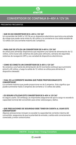 Convertidor Transformador De Tensión 8~40v A 12v 3a Enertik