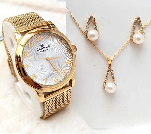 Kit Relógio Champion Feminino Cn28455c Dourado Elegante