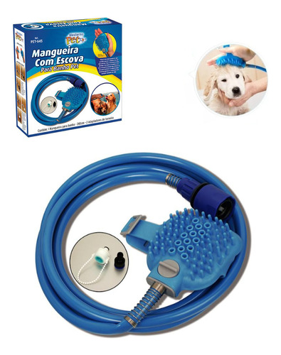 Banho Cães E Gatos Mangueira Chuveiro + Luva Banho Pet Cor Azul