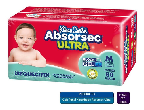 Caja Pañal Kleenbebe Absorsec Ultra Med 4 Paquetes (320 Pzs)
