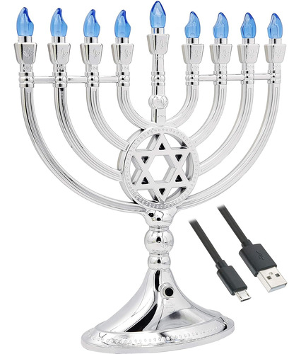 Menora Electrica Tradicional De Leds De Plata Para Hanukk...