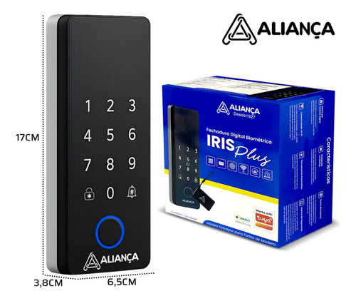 Fechadura Eletronica Digital De Sobrepor Touch Screen Com Biometria Para Vidro Senha Alarme De Segurança Tuya Wi-fi Iris Plus Aliança