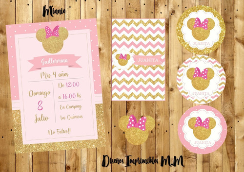 Kit Imprimible Minnie Dorada, Candy Bar, Invitacion Y Mas...