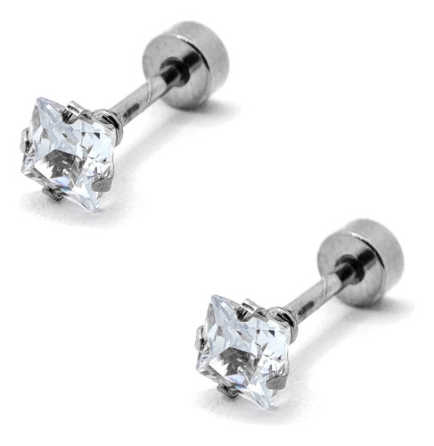 Aretes Acero Inox Plateado Tipo Broquel Cuadrado Cristal