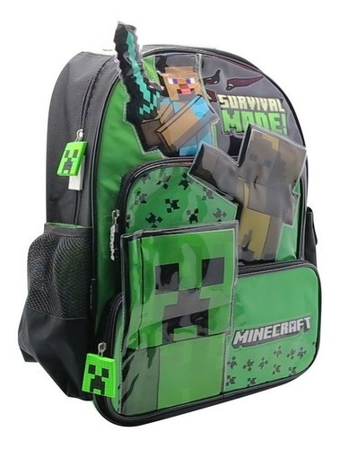 Mochila Cresko 18 Espalda Minecraft Survival Mode (mi107) Color Verde Diseño de la tela Liso