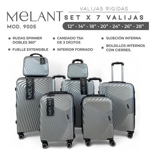 Set Valijas 7 Piezas Gdes Medianas Carry On + Neceser Plateado 9005