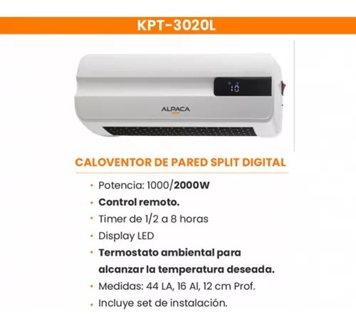 Imagen 2 de 3 de Caloventor Alpaca De Pared Tipo Split 2000w Timer