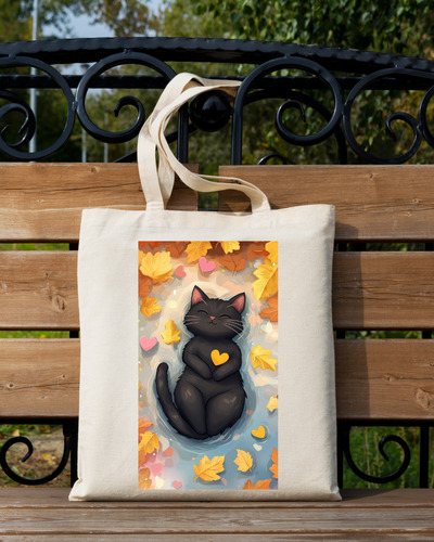 Bolso De Tela Lienzo / Estampado De Otoño / Gato 40x35cm Beige Otoño / Gatito