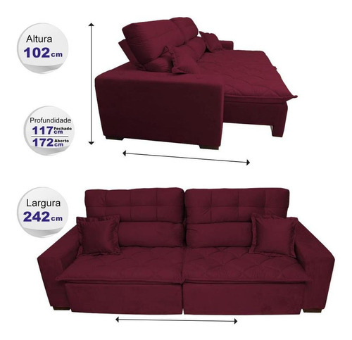 Sofá 2,42m Retrátil E Reclinável Cama Inbox Confort Vinho