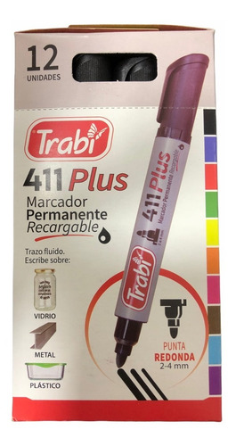 Marcador Recargable Permanente Trabi 411 Punta Redonda X 12 