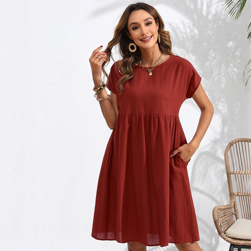 Elegante Vestido Corto Holgado Con Cuello En O Liso