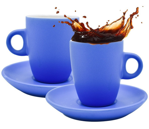 4 Tazas Para Café Expresso De Porcelana 100ml Con Plato 11cm Color Azul