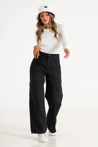 Pantalon Cargo Mujer Tiro Alto Jean Negro Solmaint Her