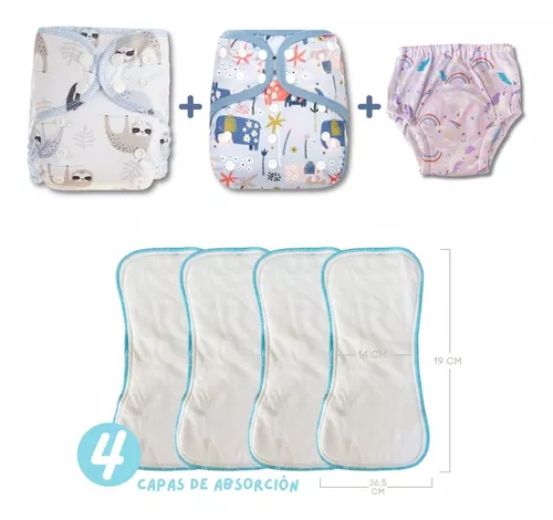 Pack 3 Pañales + Absorbentes Tela Reutilizables Ecologicos