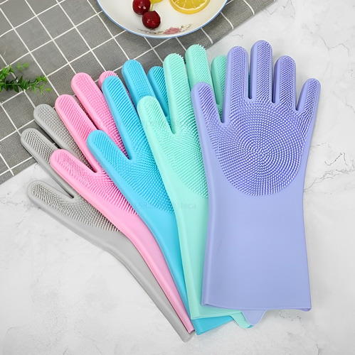 Par De Guantes Silicona Esponja Limpieza Cocina Mascotas Lila