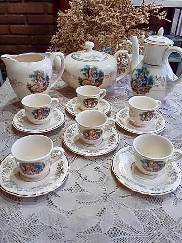 Antigua Loza Escena Galante Juego Tetera Cafetera Tazas