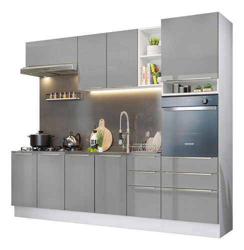 Armário De Cozinha Completa 260cm Branco/cinza Lux Madesa 08