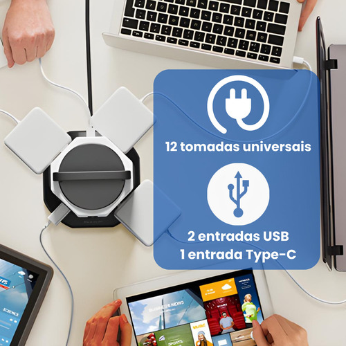 Torre De Tomada Multiplug 12 Tomadas Usb E Tipo-c 10a Bivolt