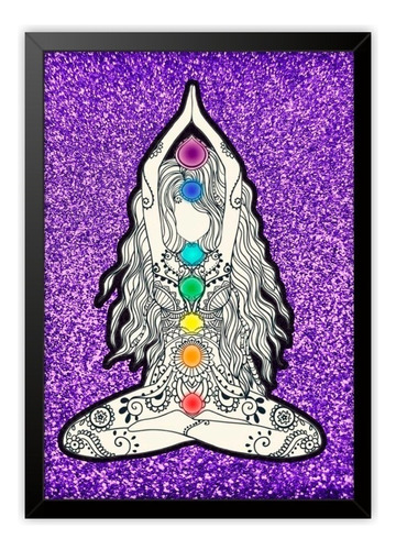 Quadro A4 7 Chakras Púrpura Lotus Energia Decoração Moldura Cor da armação Preto