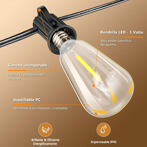Guirnalda De Luces Led Exterior, 30m 52 Focos Inastillables