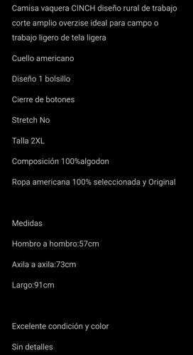 Camisa Estilo Vaquero Cinch 2xl Corte Amplio Overzise