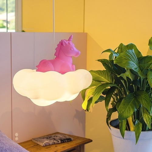 Luminária Pendente Lustre Unicórnio Na Nuvem De Teto Bivolt