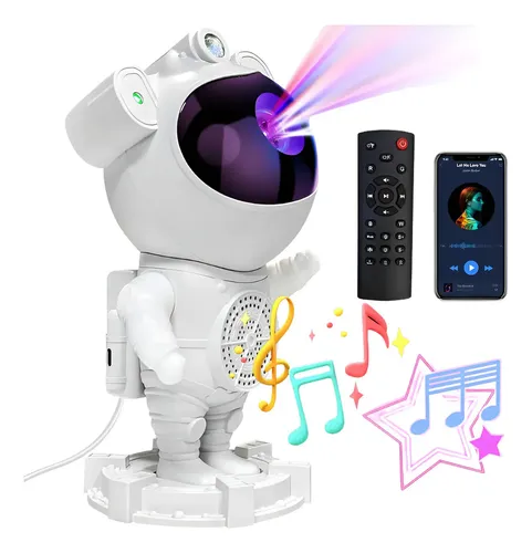 Luminária Projetor Noturno Robô Astronauta LED USB Bluetooth Som  Controle Remoto Branco Preto Bivolt 127V 220V