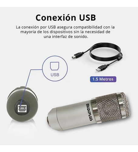 Imagen 5 de 10 de Kit Micrófono Condenser Profesional Midiplus Usb800 Gris