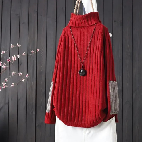 Suéter De Cuello Alto Holgado Para Mujer Con Manga Larga