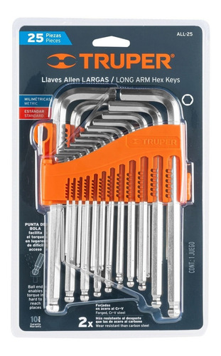 Juego Llave Allen Hexagonal X25pz Milimetrica Pulgada Truper