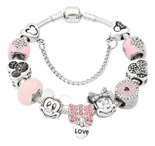 comprar Pulsera Con Charms Mickey Y Minnie Rosa Compatible Con Pando