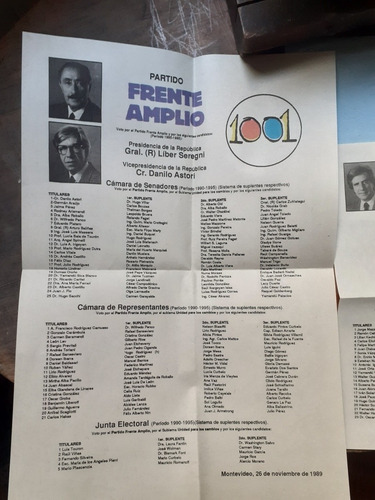 Elecciones Nacionales 1989 Frente Amplio Lista 1001 (Usado)