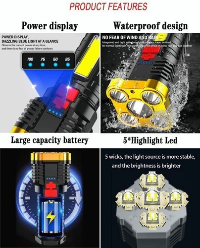 Lámpara Táctica Recargable Impermeable Led Cob Multifunción,