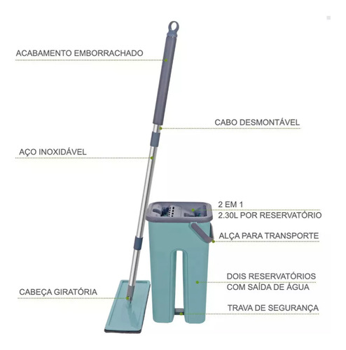 Mop Flat Rodo Giratório 360 Com Balde Lava E Seca C/ 2 Refis