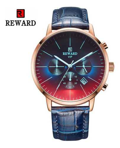 Reloj cronógrafo de piel Reward Quartz Calendar, color del bisel: azul rosa