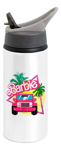 Garrafa Squeeze Branco Bico Barbie Carro Escrita Rosa 