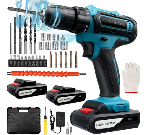 Taladro Atornillador, Taladro Inalámbrico Eléctrico Con 2 Azul Y Negro