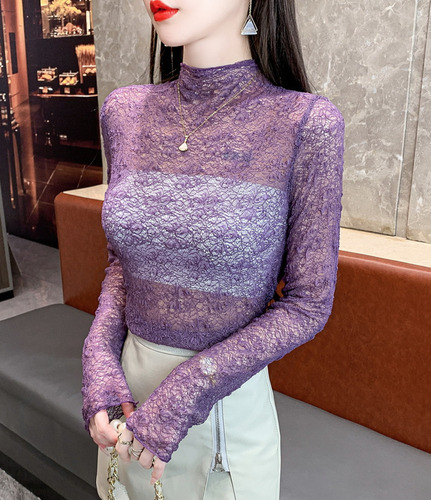 Blusa De Encaje Transparente Ajustado Manga Larga Para Mujer