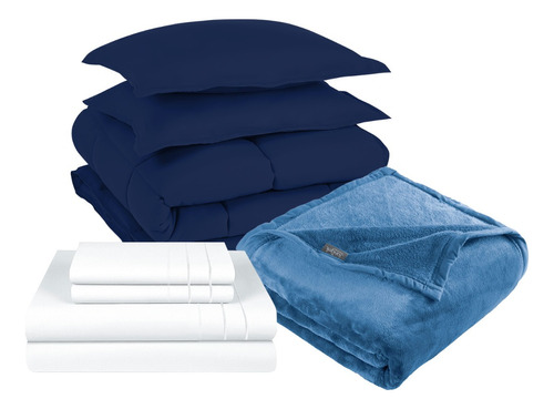 Pack Cobertor Azul+sabana+frazada Azul King 3 Piezas 3angeli