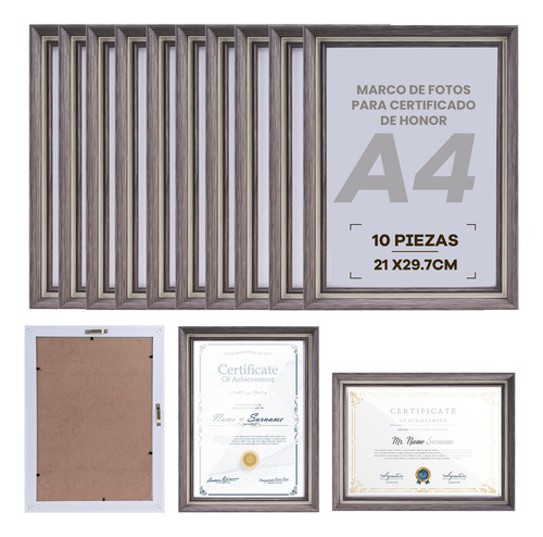 Nuhexry 10pzs Marcos Para Diplomas A4 Con Doble Gancho | Colgador Horizontal/vertical | Molduras De Madera Sólida Para Cuadros Decorativos | Certificados, Fotos Y Recuerdos(gris Pardo)
