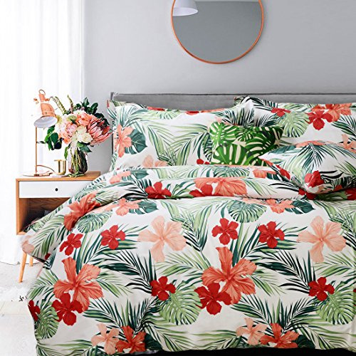 Bed In Bag Set 7-pieces   Tropical Red Hibiscus Palm Le...
