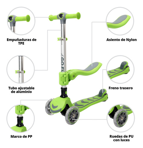 Scooter Infantil 2 En 1 Go Fun Verde