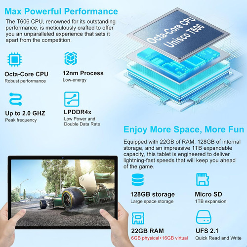 Tablet Juedur Android 14 De 10,1'' 22gb Ram 128gb Rom Negro