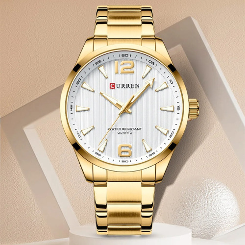 Reloj Luminoso de pulsera Curren 8434 con corte de cuarzo dorado y Fondo blanco para hombre
