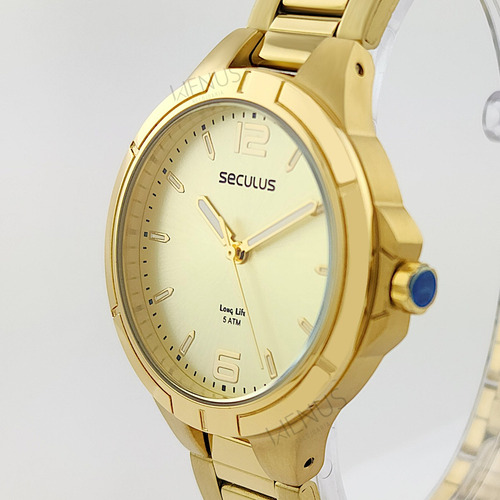 Relógio Seculus Feminino Long Lifeoriginal Pulso Correia Dourado Bisel Dourado Fundo Bege
