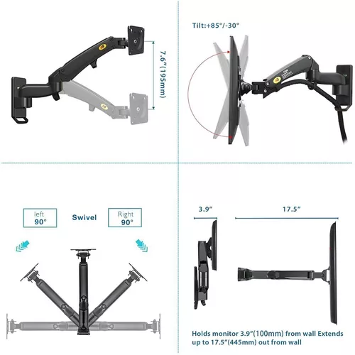 XXYYS Soporte de pared para monitor de pared para TV, soporte de resorte de  gas ajustable de un solo brazo para pantallas de computadora LCD de 17 a