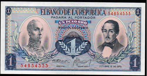 Billete Colombia 1 Peso 12 Octubre 1970