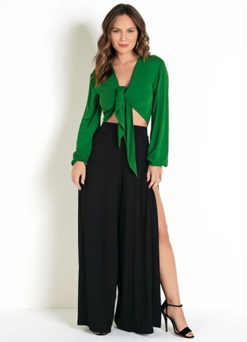 Imagem 4 de 6 de Cropped Blusa Verde Com Amarração Frontal Viscose Elastano