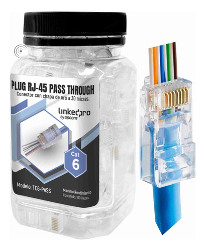 Tarro Con Conector Plug Rj45 Cat6, Pass Through Plástico 